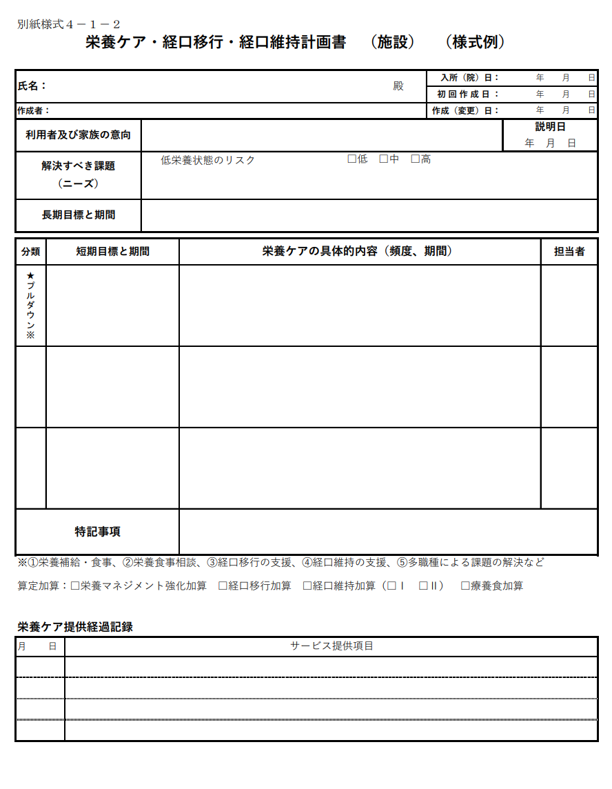 栄養ケア計画書の記入例｜栄養状態のリスク別・場面別の課題と長期目標・短期目標の書き方